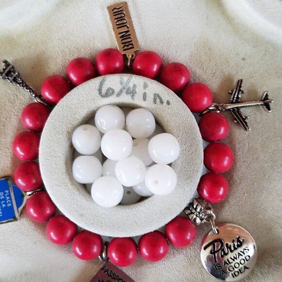 Hand Crafted Paris Red Gemstone Charm Bracelet 6.25" Stretch - Picture 9 of 9